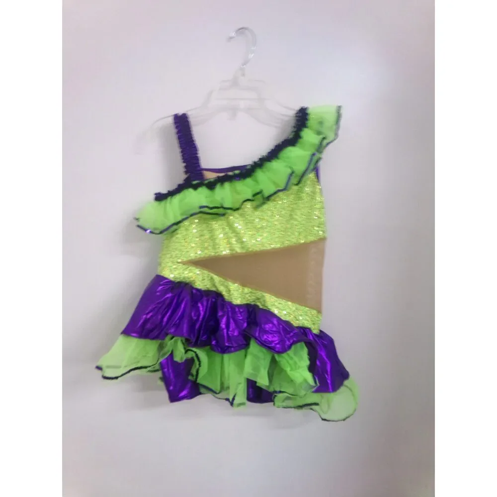 Pre-Owned Dance Costume AWCT 18921 XL Child Green Ruffles Jazz Sequin Hula